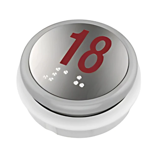 elevator push button round silver and red